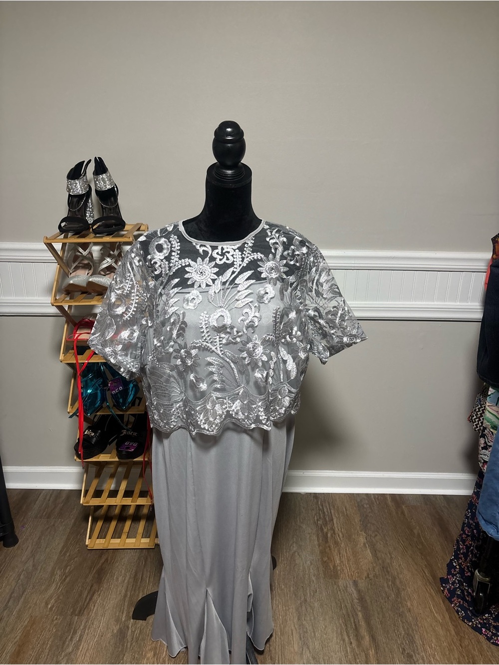 Elegant Silver Lace Overlay Women's Top